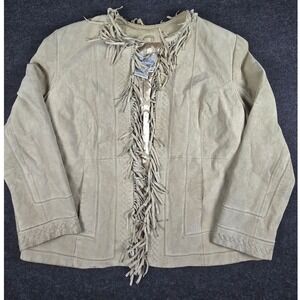 Pamela McCoy Collection Womens Oatmeal Beige Suede Leather Jacket Fringe Size 1X